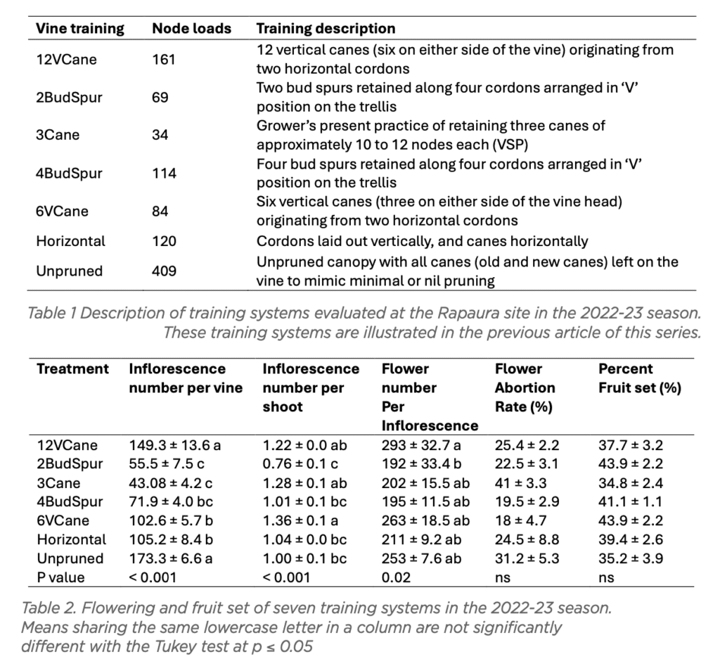 Two tables showing grapevine training systems and their impact on flowering and fruit set. The first table describes six training systems, while the second compares flowering and fruiting data across these systems.