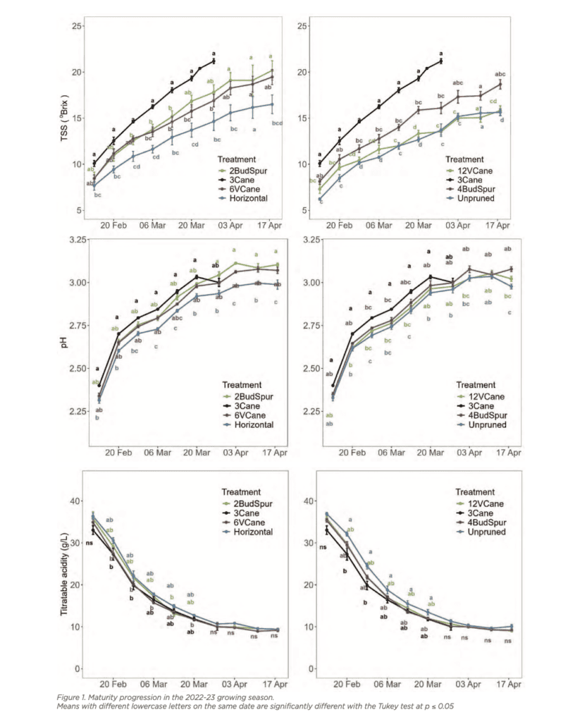 Graph showing monthly progression of TSS, pH, and titratable acidity from February to April 2023 for different vine treatments: 12Cane, 24Spur, 36Cane, 48Spur, Horizontal, and Unpruned. Various markers indicate statistical differences.