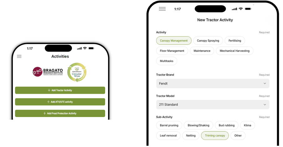 Screenshot of a mobile app showing activity tracking. The left screen lists activity types; the right screen displays a form for logging a new tractor activity with selectable tasks and details.