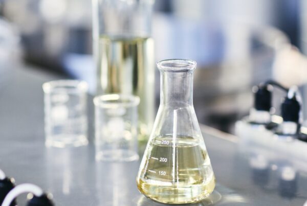 A laboratory scene with a glass Erlenmeyer flask containing a pale yellow liquid, alongside a graduated cylinder, a small beaker, and a bottle, all on a metallic surface with blurred lab equipment in the background.