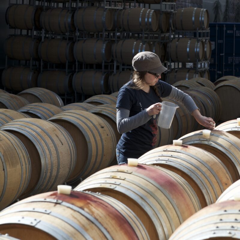 A woman wearing a cap pours liquid into a wooden wine barrel among rows of barrels at a winery, while another person works in the background.