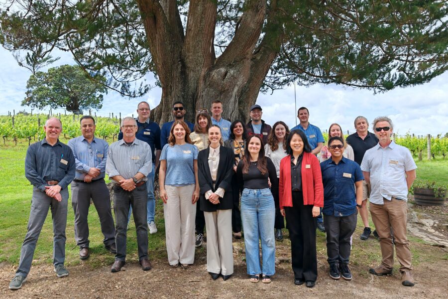 A group of 17 people pose for a photo outdoors in front of a large tree, with green grass and vineyard rows in the background. Most are smiling and wearing name badges.
