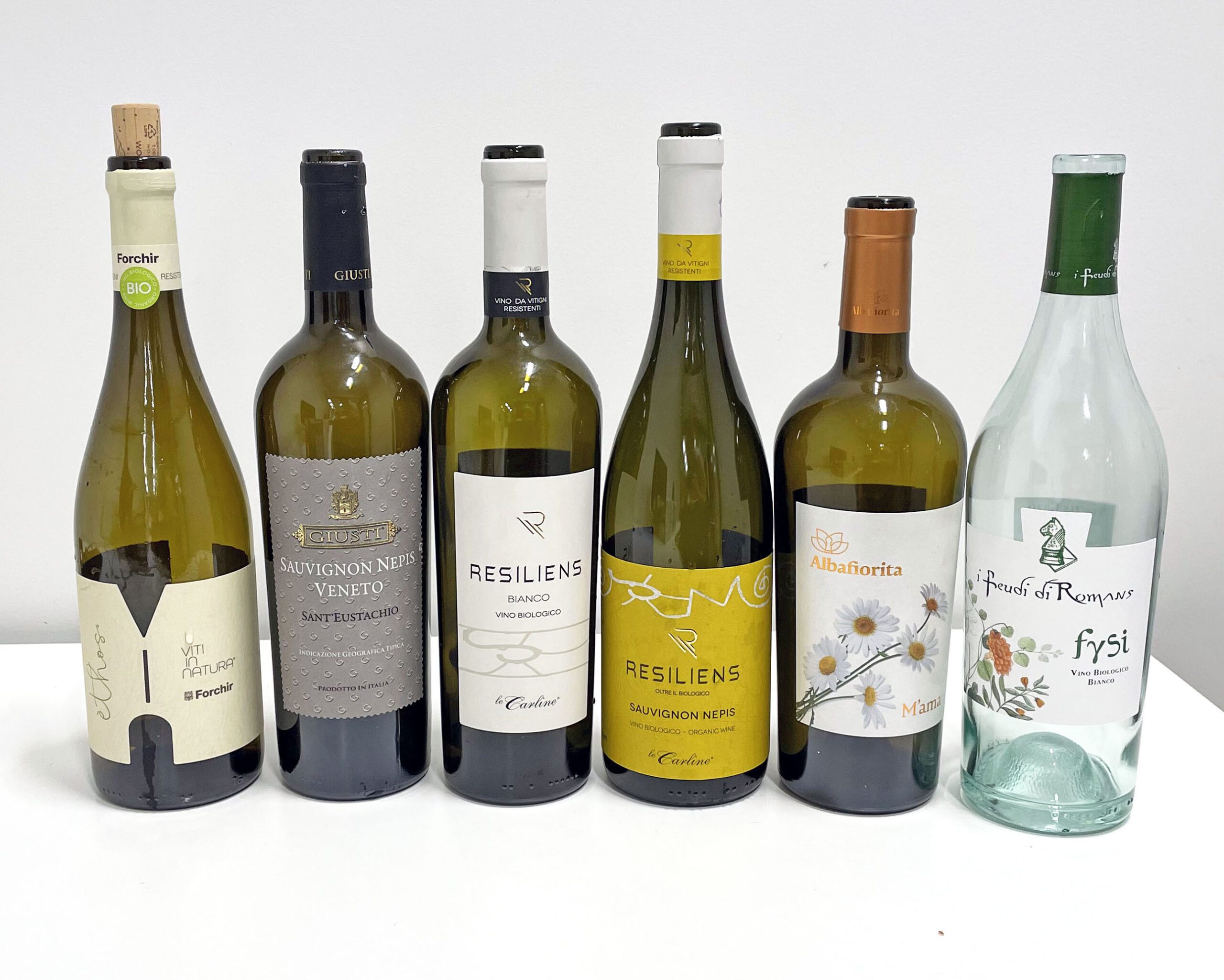 Six assorted wine bottles, mostly white and green in color, are lined up side by side on a white surface against a plain white background. The bottles have various labels and designs.