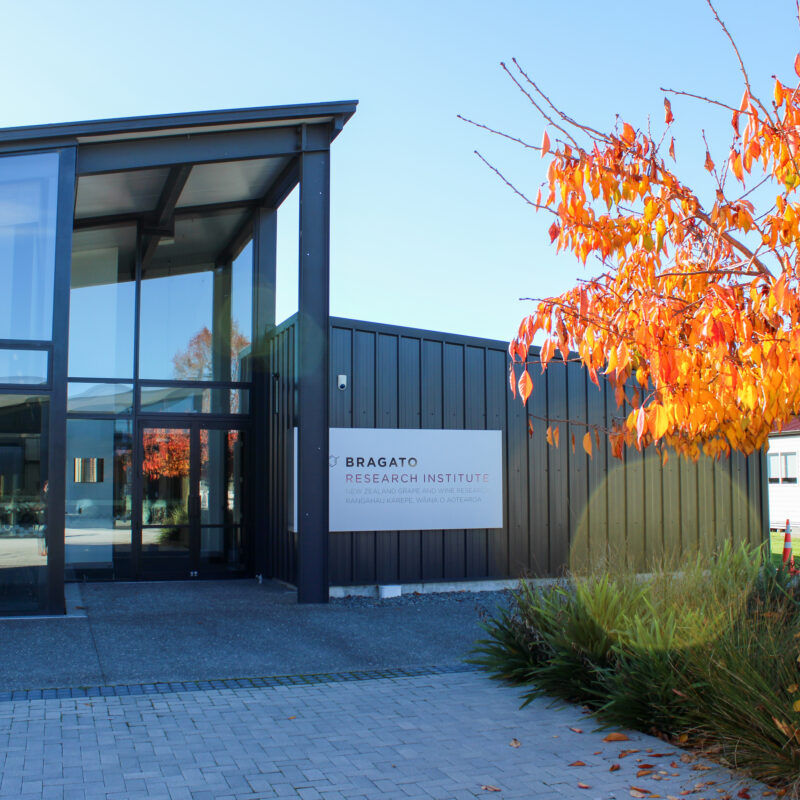 Modern building with glass windows, "Bragato Research Institute" sign, tree with vivid orange leaves, and blue sky.