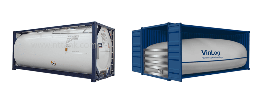 Two large white tanks in blue frames for transport or storage; the right one reads “VinLog Powered by Kuehne+Nagel.”.
