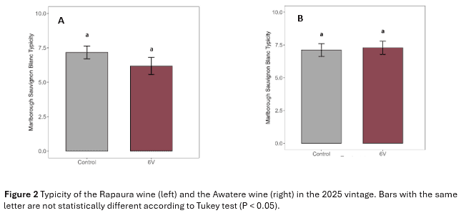 Bar graphs compare Sauvignon Blanc typicity of Rapaura wine (A) and Awatere wine (B) between control and 6V groups, illustrating that the 6V group has lower typicity; the graphs include error bars and statistical notations.
